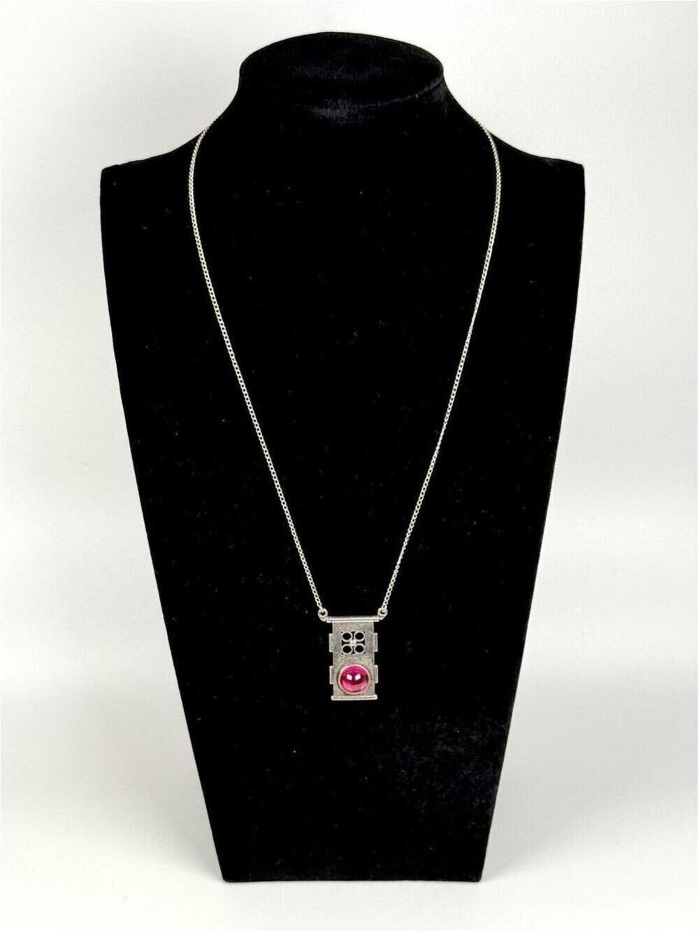 Unique Sterling Silver Modernist Brutalist Pink Glass Cabochon Pendant Necklace